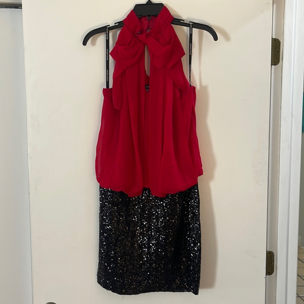 Bisou Bisou Red Bow Halter Top Sequin Mini Dress